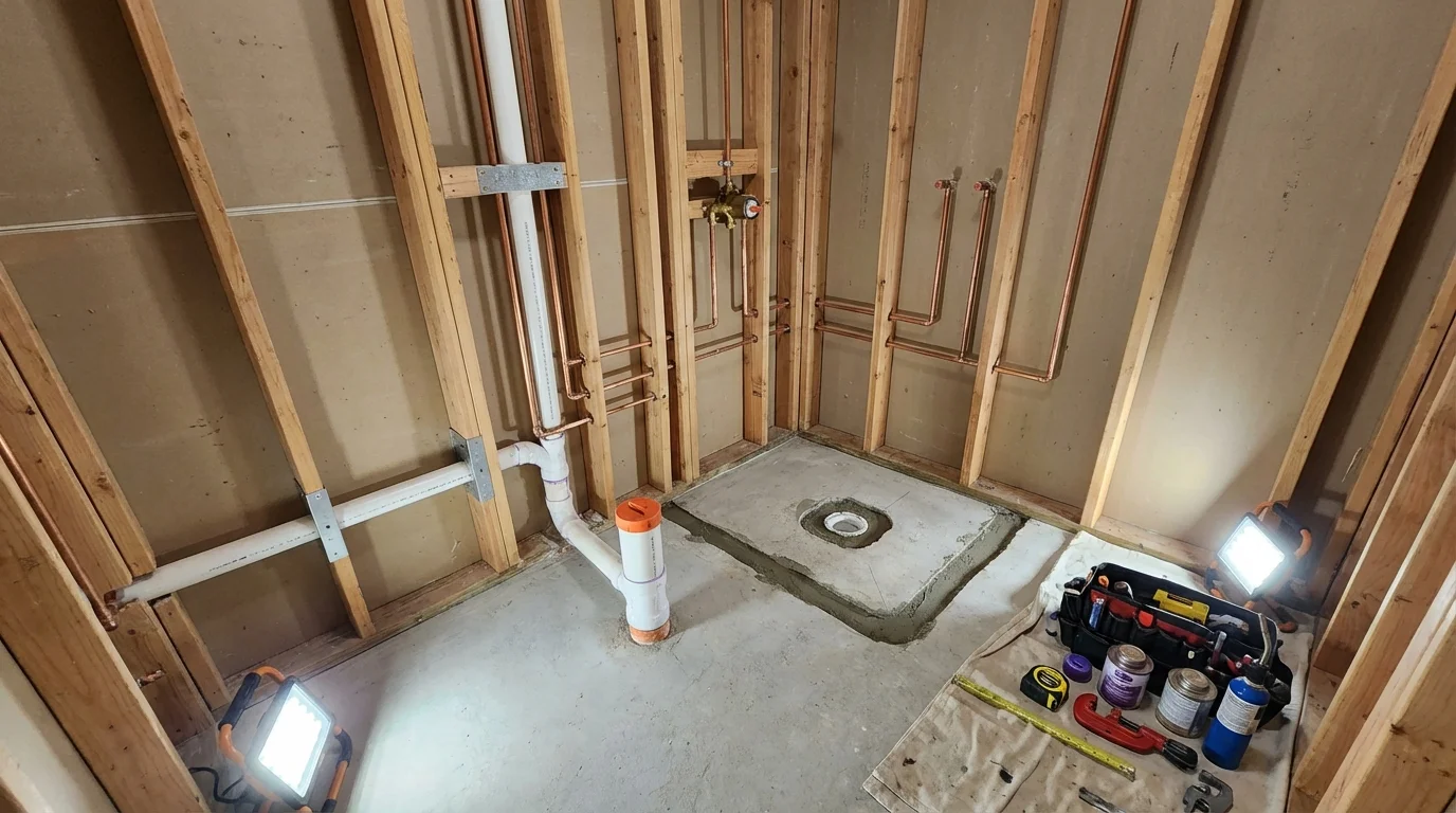 Bathroom rough-in plumbing during remodel by Johns Plumbing LLC in Hawkinsville