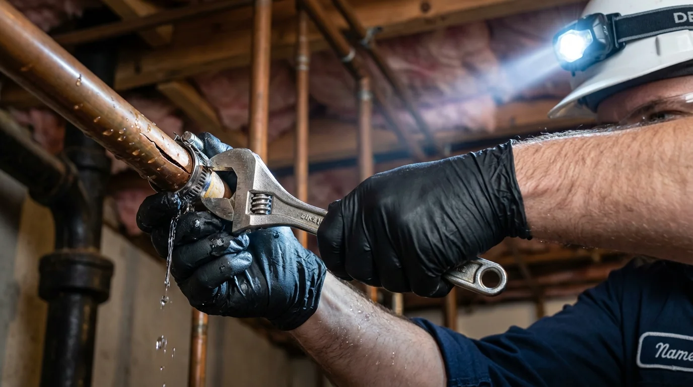 Emergency pipe clamp repair being performed by a Johns Plumbing LLC plumber in Hawkinsville