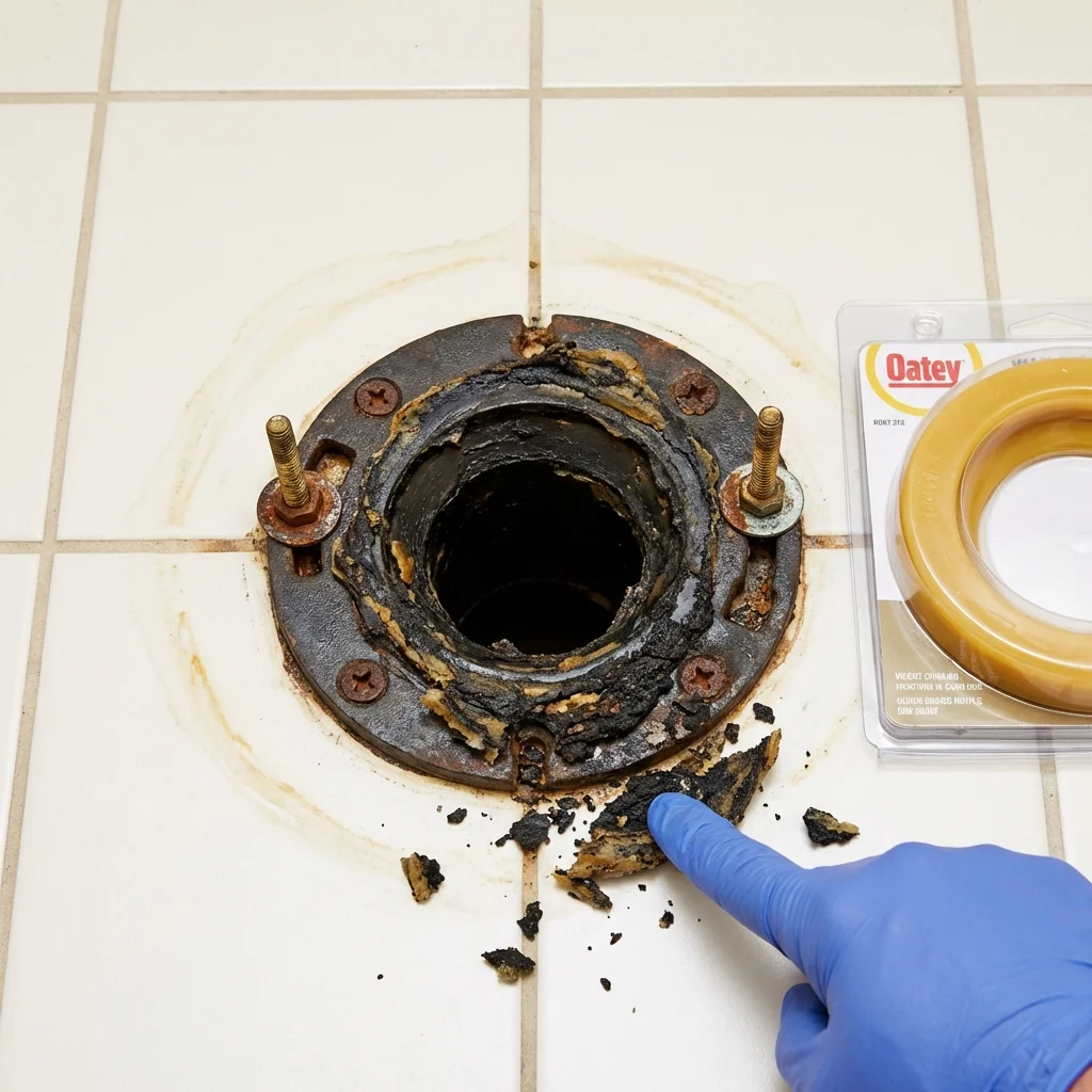 Failed wax ring showing water seepage at the base of a toilet in a Hawkinsville, GA home