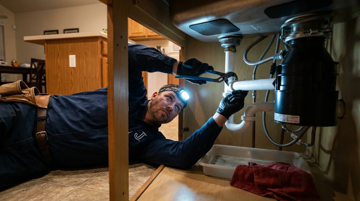 P-trap and supply line connections under a kitchen sink showing a common leak point in Hawkinsville, GA
